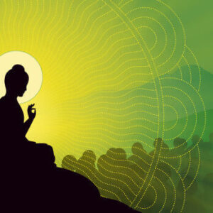 Animated Silhouetted Buddhist Mediating image with green mountains in the background Image